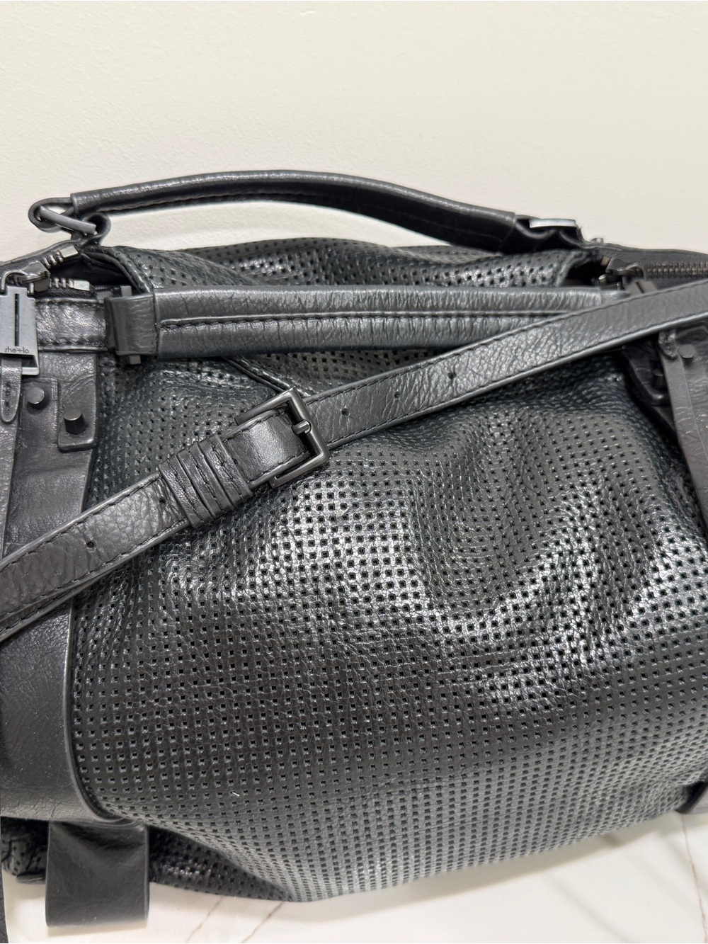 Women’s She + Lo, Black Perforated Leather Satchel Bag with Adjustable Strap - Picture 3 of 10